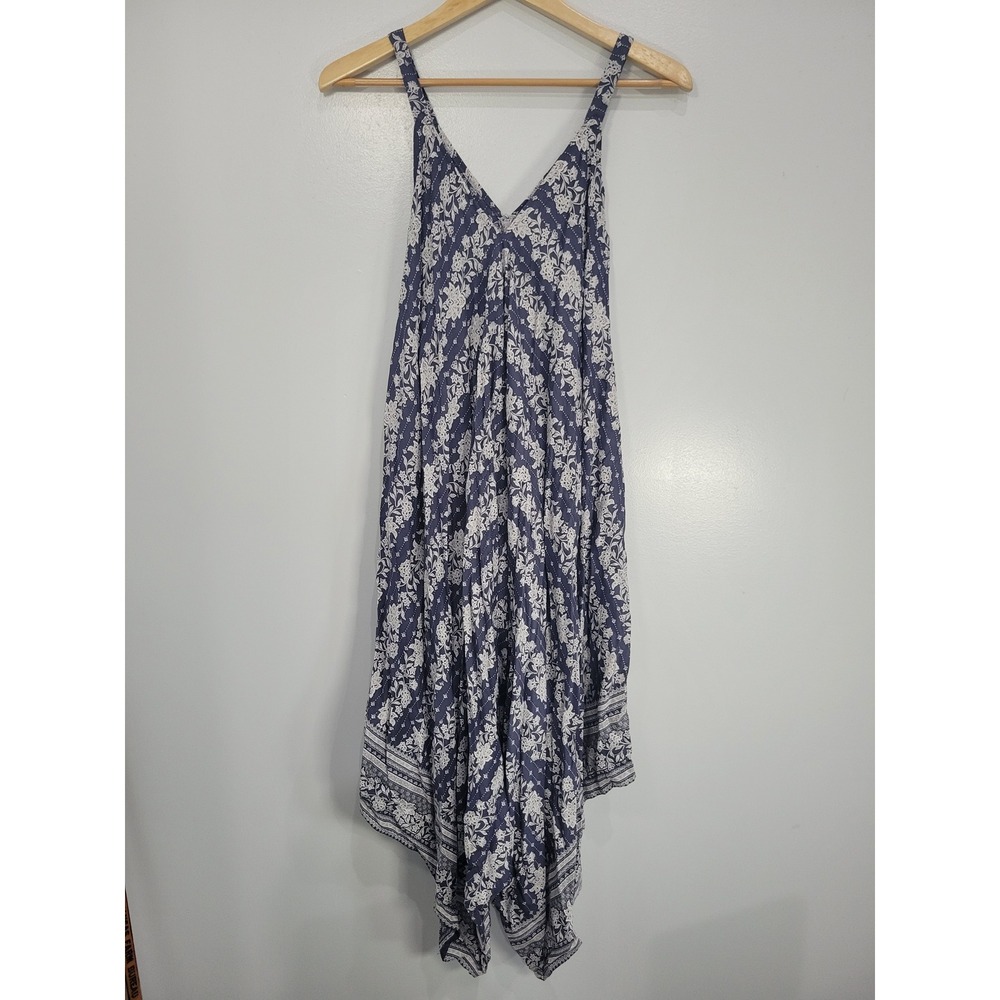 Japna Womens Blue White Floral Paisley Handkerchief Hem Wide Leg Romper Size M
